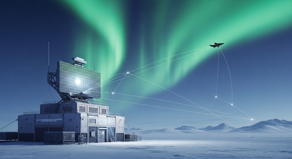 Radar artico con aurora e aereo stealth (IA)